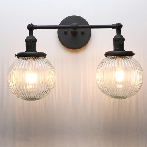 Image of PERMO 2 Lights Sconce Industrial Wall Sconce Lighting with Ribbed Globe Glass Lampshade Vintage Double Sconce Hardwired Wall Sconce with Switch