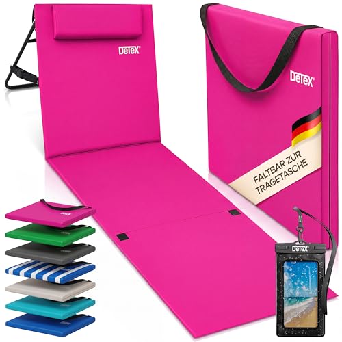 DETEX Strandmatte mit Rückenlehne Gepolstert Kissen Tragegurt Handyhülle Strandliege Leicht Klappbar Sonnenliege Faltbar Liegematte Bodenliege Pink