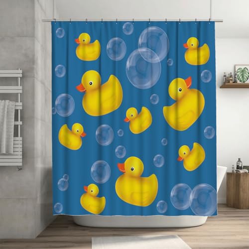 Ansouyi Shower Curtain Set with 12 Hooks Bath Curtains Waterproof Polyester Fabric Soap Bubbles Ducks on Blue Home Bathroom Bathtubs Decor Washable Durable Fabric 72x72 Inch