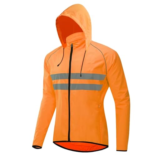 EFGETD Windproof Cycling Jacket Hooded Ultralight Breathable Mountain Bike Windbreaker Reflective Coat, Packable(Orange,XXX-Large)