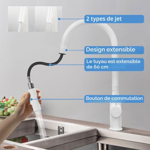 Robinet mitigeur blanc pivotant à 360° au design épuré durable - 5