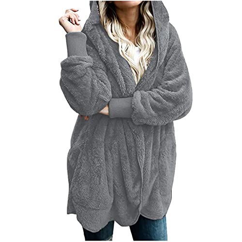 Fleece Jacket Women Fuzzy Hooded Long Winter Coats Open Front Cardigan Sweaters Warm Shacket Outerwear with Pokets