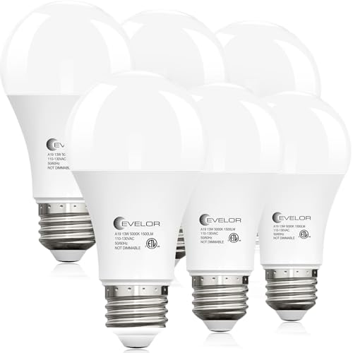 evelor 6-Packs A19 LED Light Bulbs,100 Watt Equivalent Daylight 5000K Bright Bulbs Efficient 13W,1500 Lumens E26 Base, Non-Dimmable, 15000-Hour Lifespan for Bedroom, Living Room, Office