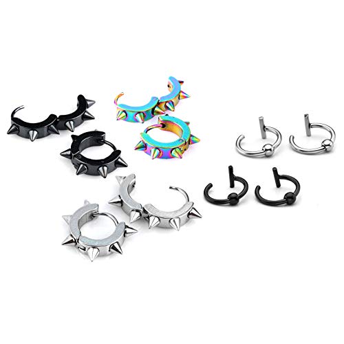 JOVIVI Bundle - 3 Pairs Men Women Jewelry Stainless Steel Huggie Hoop Spike Punk Earring + 2pairs 16g Stainless Steel Fake Lip Ear Nose Stud Ring Clip On Cartilage Non Piercing Rings Hoop Gothic