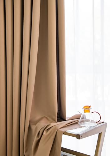 Image of Windows Coffee Blackout Curtains 63 inches Long 2 Panels Set Grommet Blackout Drapes Energy Saving Noise Reducing Thermal Insulated for Bedroom Living Room Nursery