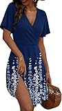 Zeagoo Vestido de verano para mujer, cuello en V, manga corta, vestido de playa con estampado floral, bolsillos y mangas volantes, tallas S-XXL, XXL