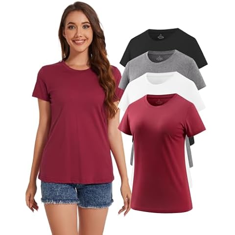 Cosy Pyro Cotton Short Sleeve T Shirt for Women Round Neck Workout Shirts Solid Basic Tee 4-Pack Black/White/Gray/Wine L Cover