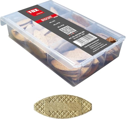 TOX Flachdübel-Sortiment Biscuit Wood M Größe P0, P10, P20 aus Buchenholz für stabile Befestigungen von Bauteilen aus Holz, bestehend aus 3 Größen, 094900200