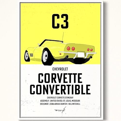 SKELETON B. ポスター ビンテージカー ポップアート アメ車 A2額入り シボレー・コルベット 1968 用紙サイズ420mm×594mm 白フレーム Chevrolet CORVETTE 1968 YELLOW