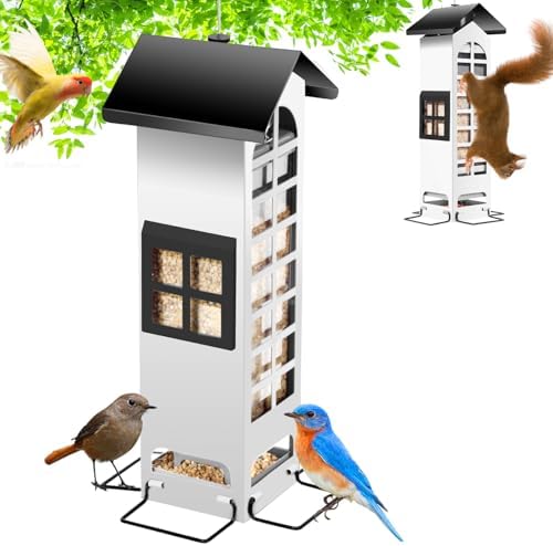 best bird feeders for white necked ravens that will surprise you 7 Squirrel Proof Bird Feeder, Metal Bird Feeders for Outdoors Hanging,2LB Large Capacity Gravity Protection Squirrel-Proof Mesh Wild Bird Feeders with Finch Cardinal Chickadee-White