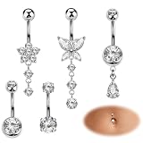YUZHEDM Piercing para ombligo, 5 unidades, 10 mm, acero quirúrgico, plata, para ombligo, mariposa, flores, para mujer
