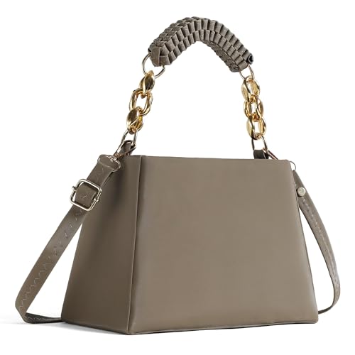 Image of Women's Handbag, PU Leather, Braided Top Handle with Gold-Tone Chain, Detachable Sling Strap, Taupe
