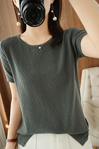 Image of Womens Short Sleeve Sweaters Tops Summer Thin Pullover Cotton Knit Shirt Crew Neck Lightweight Pointelle Blouse