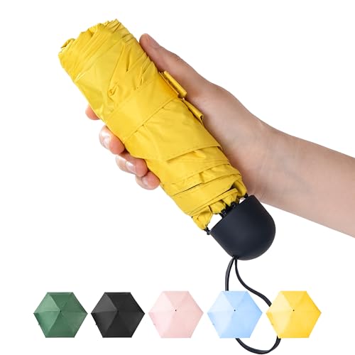Chakipee Mini Paraguas plegable para el sol Pequeño Viaje 6 Varillas con Puesto de Paraguas y 260T Amarillo Revestimiento - de Secado Rápido y Resistente a los Rayos UV