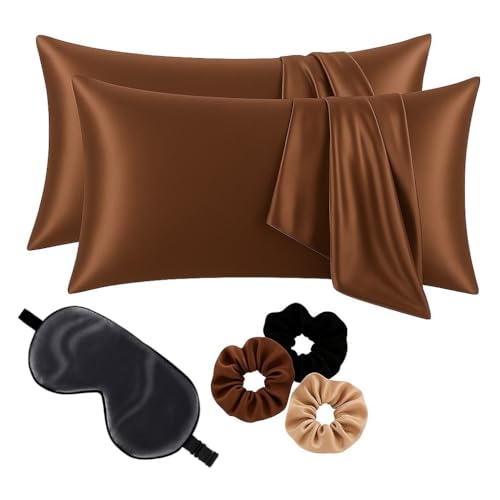 Image of Premium Satin Pillowcase Set of 2 with Eye Mask & 3 Scrunchies | Silky Soft, Anti-Frizz, Skin & Hair Care Sleep Set | Luxury Gift Combo for Women & Girls (Mocha Mousse)