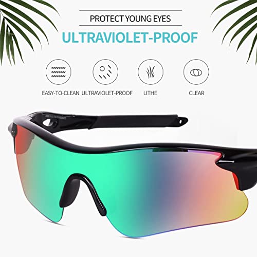 Image of Sports Sunglasses, Full-Coverage UV400 Protection, Hydrophobic Mirrored Lens, Lightweight Shatterproof Design, Mercury, (GREEN BLACK)