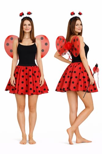 The Dragons Den Adults Ladybird Lady Bug Red & Black Polka Dot Skirt & 3 Piece Wings Set World Book Day Insect Fancy Dress [S-M]