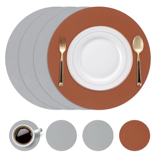 Manteles Individuales y Posavasos, Juego de 4 Manteles Individuales Redondos de Cuero PU, Antideslizantes, Lavables, Impermeables, Doble Cara para Mesa, Banquetes y Fiestas (Marrón Gris)