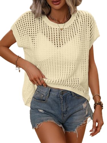Image of Crochet Tops for Women Spring Summer Shirts Cute Mesh Top Cap Sleeve Cover Up Pullover Sweater Beach Vacation Clothes