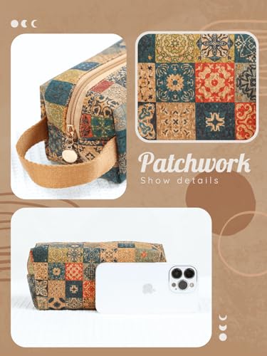 Boho Cork Makeup Bag, Vintage Floral Art Pouch, Patchwork Pattern, 7.5 x 3.5 x 3.5 Inches, Bohemian Cosmetic Pouch, Hippie Travel Organizer, Boho Pencil Pouch3
