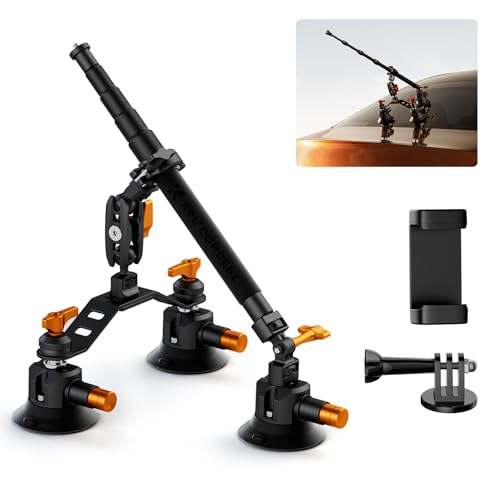 K&F CONCEPT Triple Suction Cup Car Mount for Camera Heavy Duty 3-in-1 Kit with 15 Curved Surface Adjustment Extension Pole & Phone Holder Compatible with Insta360 X5/X4 GoPro DJI Action 5/4/3/2
