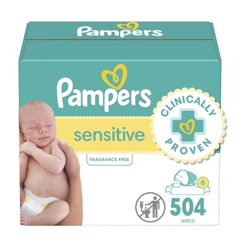 Pampers Baby Wipes Sensitive, Water Based Hypoallergenic and Unscented 504 Total (6 Flip-Top Packs)