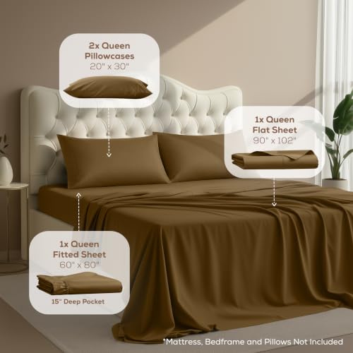 Image of Utopia Bedding Queen Size Sheet Set - 4 Piece Bed Sheets, Soft and Breathable Microfiber, Includes 1 Fitted Sheet, 1 Flat Sheet and 2 Pillowcases - Oeko Tex (Mocha)
