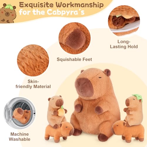 5-in-1 Capybara Stuffed Animals with Babies Inside, 5PC Set Capybara Plush with Mommy & 4 Babies, Soft Toy Decor, Cute 3 to 8 Year Old Girl Boy Gifts, Imaginative Play Toy(Capibara)