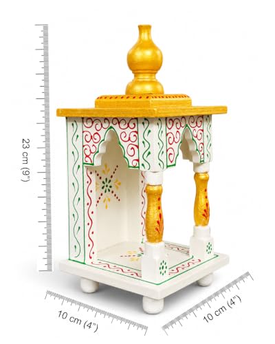 Image of Hindu Hand Crafted Wooden Puja Mandir with Drawer | Religious Home Decor Temple | Wood Art & Craft Mini Home Office Pooja Mandir White & Golden Finish