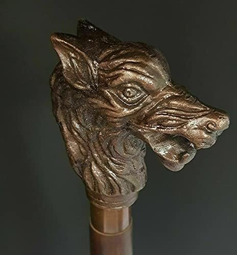 Aiysa Collection Handmade Walking Stick Wolf Head Copper Antique Metal Handle Wooden Vintage Cane, Brown, 36 inch