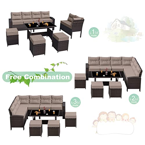 Alaulm 7 Pieces Patio Furniture Set Outdoor Sectional Sofa With Khaki Cushions All Weather Wicker Rattan Sofa Set W/3 Loveseats,1 Dining Table And 3 Ottomans #TOP5