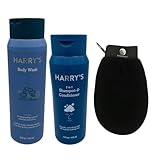 BLOSSOMABLE Harry's Body Wash For Men Shower Gel Stone Scent & Daily Shampoo & Conditioner 2-in-1 Bundle for All Hair Types with Exfoliating Body Scrubber Mitt, Blue