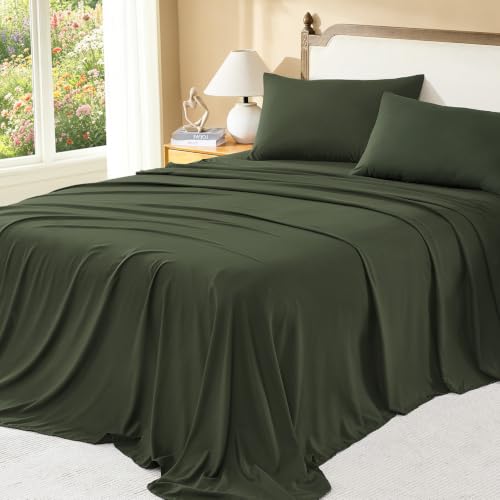 Image of Litanika Oversized Queen Size Comforter Set with Sheets Olive Green - 7 Pieces Bed in a Bag Oversized King Boho Tufted Complete Bedding Sets with Comforter, Sheets, Pillowcases & Shams