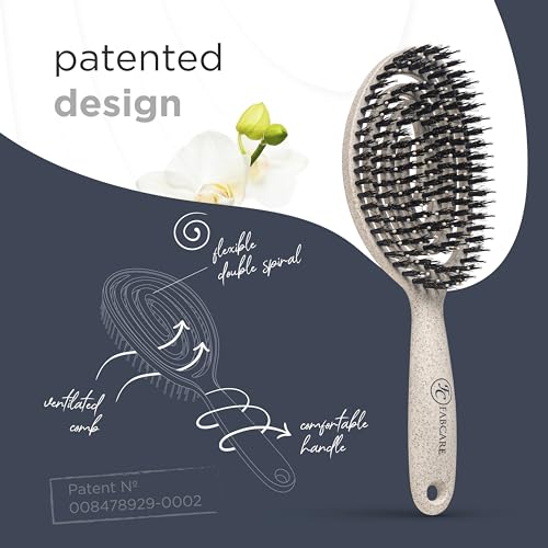 Foto von FABCARE Bio Haarbürste Wildschweinborsten Rund mit Ebook - Detangler-Bürste Doppelspiralfeder ohne Ziepen - Profi Entwirrbürste für Haartypen - Haarbürste Damen (Natur)
