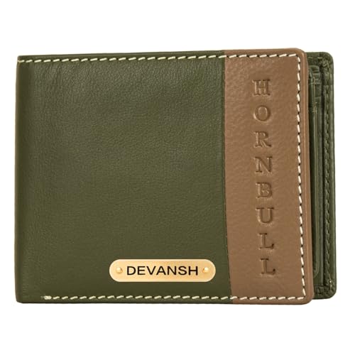 Image of HORNBULL Men's Personalized Wallet I Customized Slim Stylish Leather Purse with Name I Unique Birthday Gift for Men Boy Love Husband (Olive /Mud)