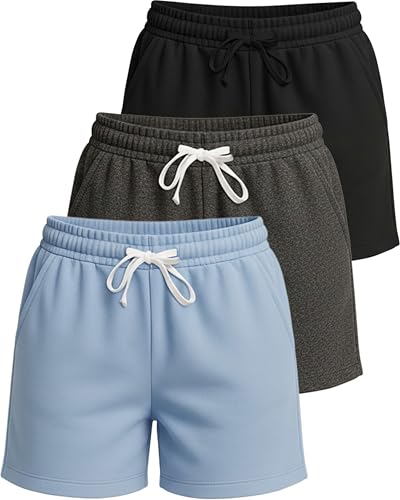 Real Essentials 3 Pack: Women's Cotton Fleece Lounge Pajama Sleep Shorts with Pockets and Drawstring (Available in Plus Size)