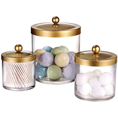SheeChung Premium Quality Apothecary Jars - Clear Plastic Jars with Rust Proof Stainless Steel Lids - Bathroom Vanity Countertop Storage Organizer Canister Holder House Decor | Set of 3 (Gold) Cover