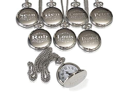7 Engraved Pocket Watches, Set of 7 Groomsmen Wedding Unique Gifts, Chain, Box and Engraving Included, Comes in 4 Colors, His and her Gifts (Silver)