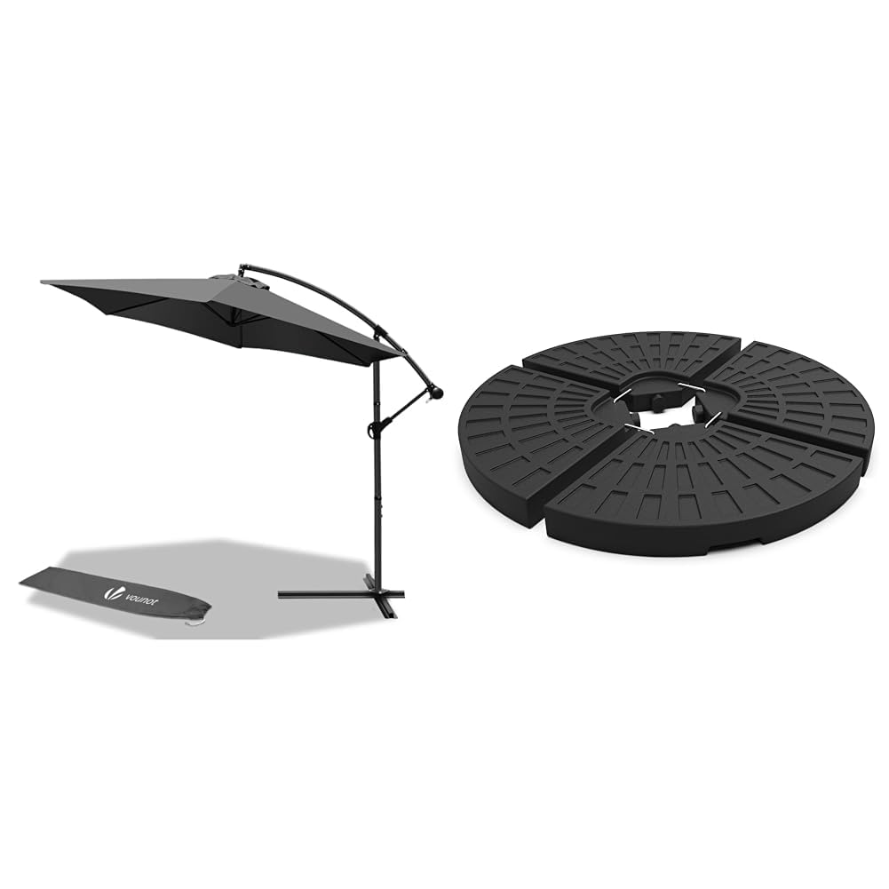 VOUNOT Sonnenschirmständer 4-teilig, Schwarz & Ampelschirm 300 cm, Sonnenschirm mit Kurbelvorrichtung, Kurbelschirm mit Schutzhülle, Sonnenschutz UV-Schutz, Gartenschirm Marktschirm, Grau