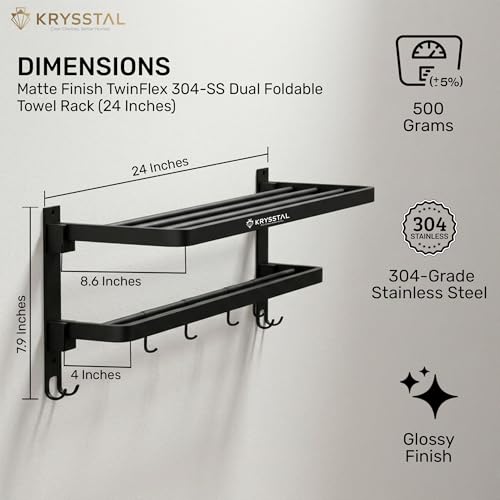 Image of Towel Holder in Bathroom - Towel Hanger for Wall,TwinFlex 304 Stainless Steel Foldable Towel Rack, Rustproof Wall Mounted Bathroom Shelf with Hooks, Heavy Duty Bathroom Accessories,24 Inch, Black