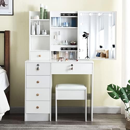 JBLCC Vanity Table Set with Sliding Lighted Mirror,Makeup Vanity Table with 5 Drawers, Storage Shelf,Stool,for Bedroom