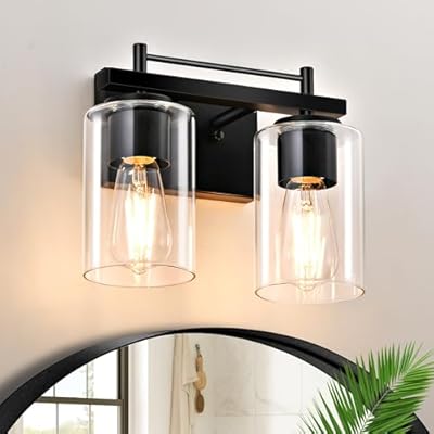 2-Light Vanity Lights for Bathroom: Black Modern Vanity Lights with Clear Glass Shade, Modern Bathroom Wall Lamp for Mirror