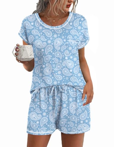 Image of Ekouaer Womens Pajama Sets 2 Piece Soft Short Sleeve Top and Shorts Sleepwear Round Neck Pjs Lounge Set with Pockets