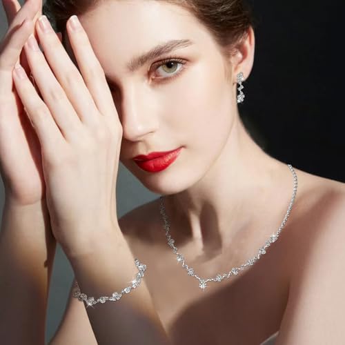 Silver Jewelry Sets for Women Rhinestone Necklace Dangle Earrings Bracelet Set Bridal Wedding Jewelry Sets for Brides Bridemaid Prom Costume Accessories Jewelry4