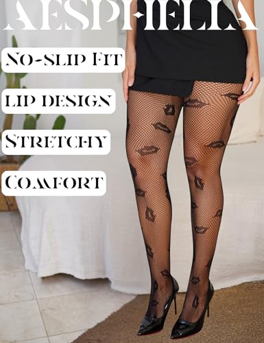 Women's Lips Print Fishnet Tights Mesh Stretchy in Black/Fuchsia, Flirty Legwear for Date Night2