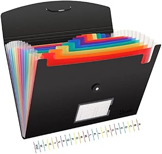 Uquelic 13 Pocket Expanding File & Cover Folder with Labels, A4 File Organizer, Plastic Portable Desktop Supplies Accordion Document Holder (1 Pack Black)