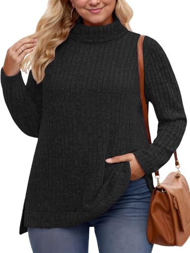 VISLILY Womens-Plus-Size-Tops Trendy Turtleneck Lightweight Sweaters Casual Long Sleeve Shirts Dressy Side Split Tunics 1X-5X2