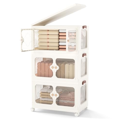 COSTWAY Scatole Immagazzinaggio Impilabili e Pieghevole con Ruote, Armadietto a 3 Ripiani con Ante e Coperchio, Contenitore Trasparente per Camera da Letto e Soggiorno, Bianco (59,5 x 35,5 x 99 cm)