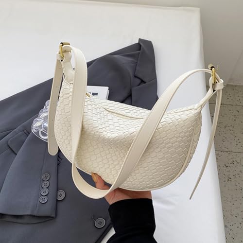 Image of Crescent Crossbody Bags for Women Small Shoulder Bag Woven Hobo Handbag Trendy Vegan Leather Purse with Adjustable Strap White