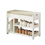 Entryway Shoe Rack Bench White Wooden Shoe Bench with Hidden Storage Compartment Free Standing 2 Tier Shoe Storage Bench with Soft Cushion (Size : 66cm) (86cm)